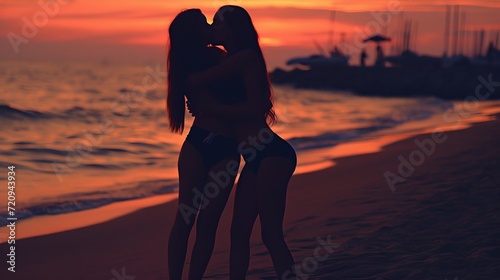 Romantic lesbian couple expressing love and affection with a tender kiss on a stunning, sunlit beach