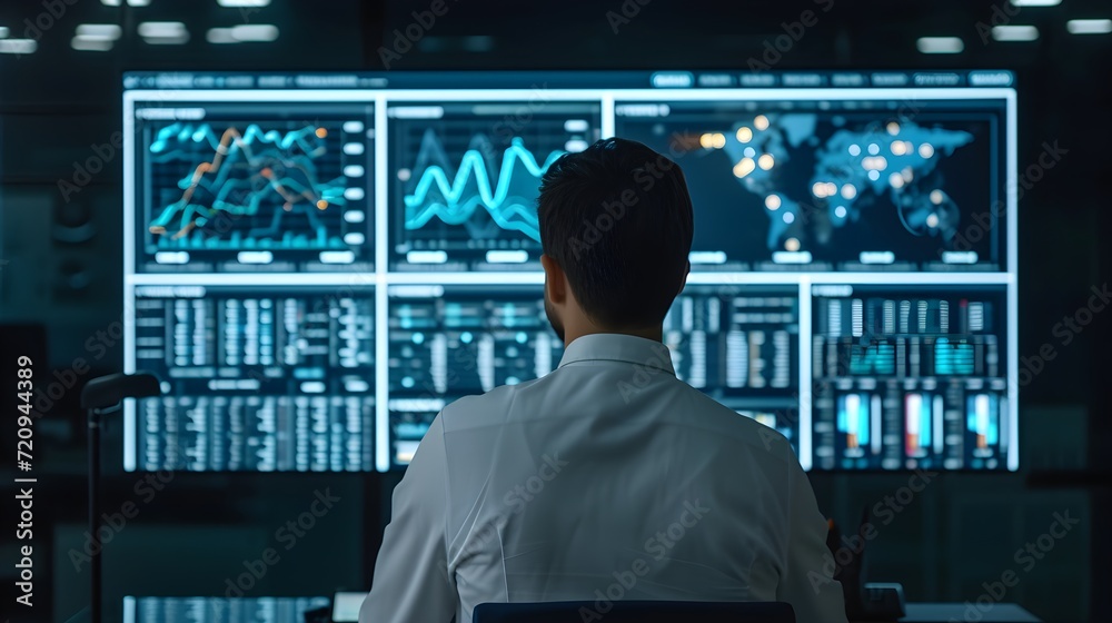 male office worker in front of a large LED computer screen displaying company data analysis male office worker in front of a large LED computer screen displaying company data analysis