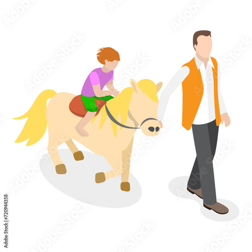 3D Isometric Flat Vector Illustration of Hippotherapy, Animal Therapy with Horses. Item 1
