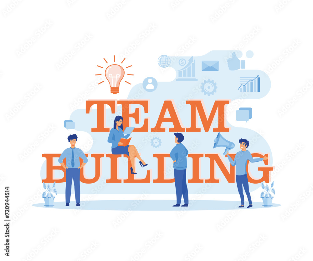 Team building concept. People business with big words and people with modern blue color style.  flat vector modern illustration 