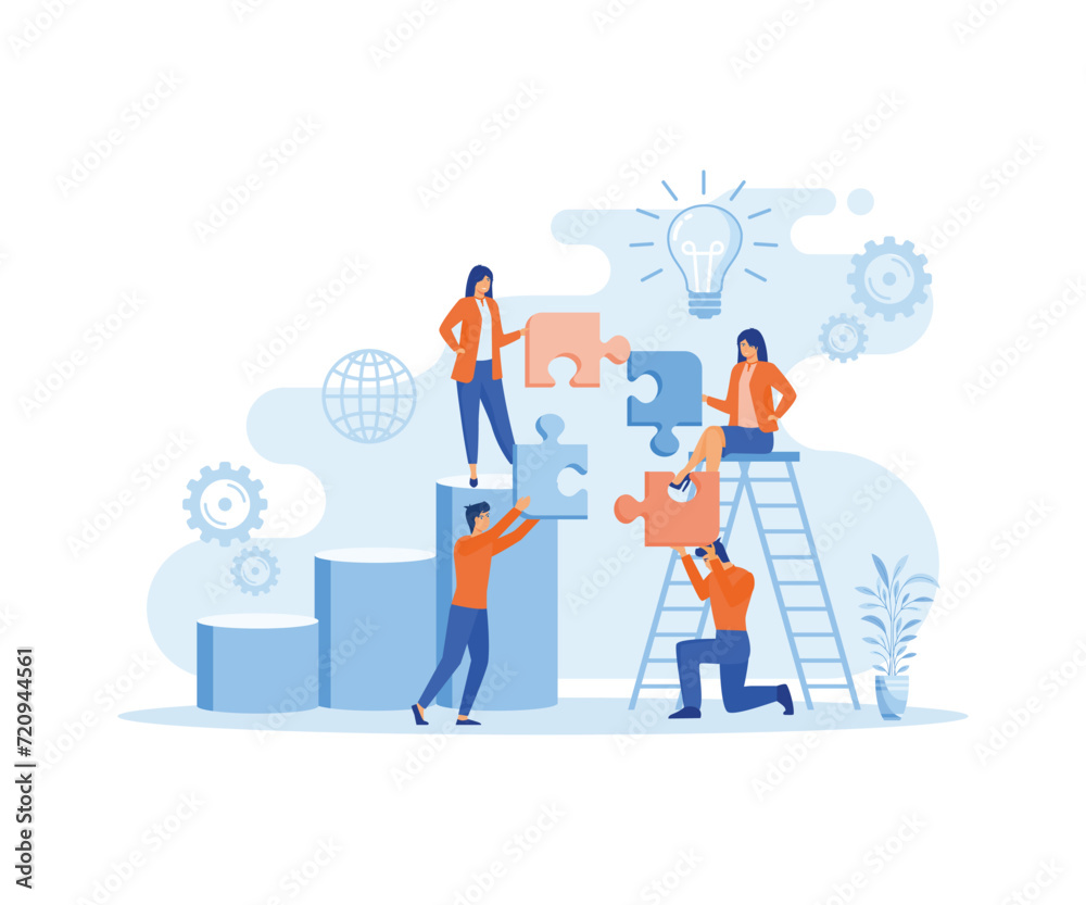 People with puzzle pieces. Team work, team building, corporate organization, partnership, problem solving, innovative business approach. flat vector modern illustration People with puzzle pieces. Team work, team building, corporate organization, partnership, problem solving, innovative business approach. flat vector modern illustration