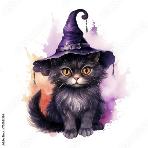 A black cat, with a purple witches hat on its head, perched on a fence with a curious expression.