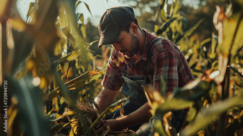Man in plaid shirt caring for corn plants, capturing essence of agribusiness, healthy food production, ideal for farm industry advertising campaigns.