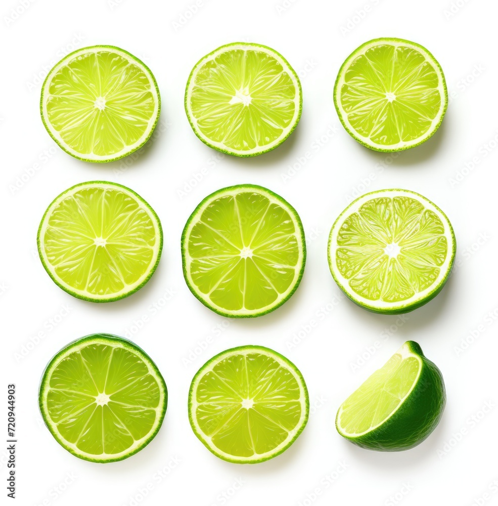 Two halves of limes are cut and neatly placed on a plain white surface.