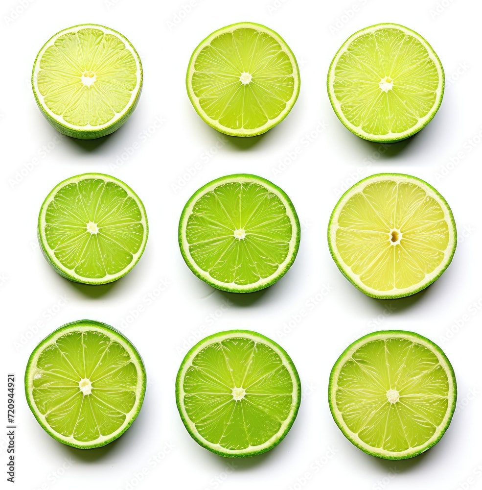 A group of lime slices, cut in half, arranged neatly on a plate.