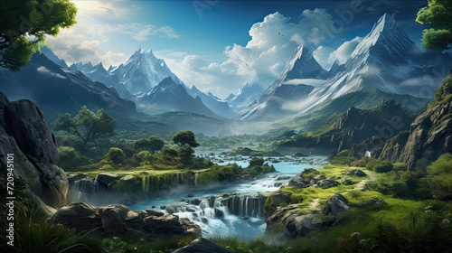 Beautiful natural landscape illustration, with lush vegetation and elegant waterfalls. © Xabrina