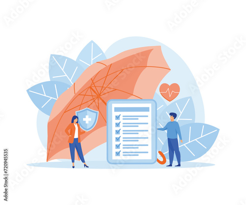 Large clipboard with documents under umbrella. Health, financial and medical services. flat vector modern illustration 