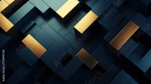 Abstract geometric background. 3d rendering, 3d illustration. Dark blue and gold background. Generative AI