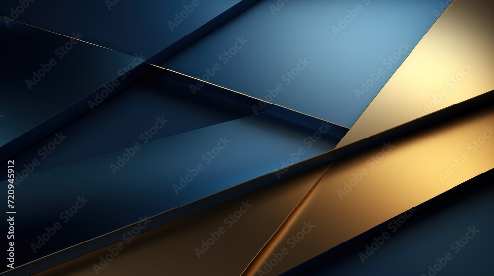 Abstract dark blue and golden metallic background. 3d render illustration. Generative AI
