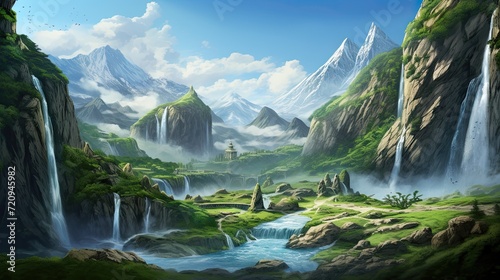 Beautiful natural landscape illustration, with lush vegetation and elegant waterfalls.