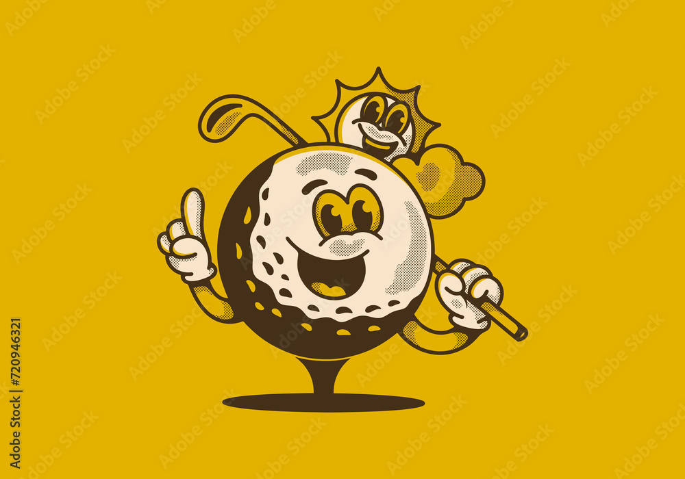 Fototapeta premium I'd rather be golfing. Vintage character illustration of a golf ball holding a golf stick