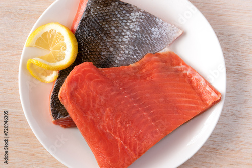 Photography Uncooked Salmon Fish Fillers on a Plate