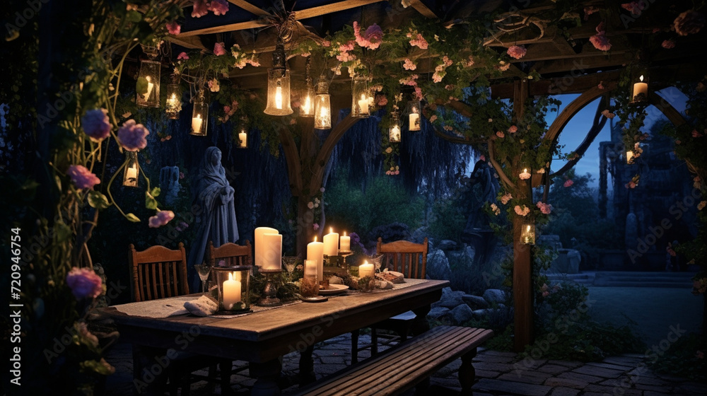a garden pergola dressed in blooming vines and soft sunlight creates an enchanting escape, where nature's embrace and delicate fragrances intertwine in a picturesque dance.