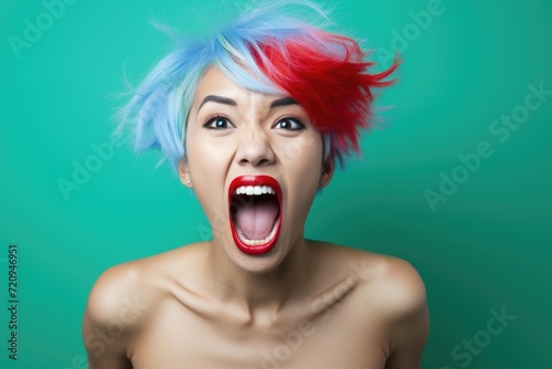 A woman with blue and red hair is pulling a comical expression, evoking laughter and amusement. photo