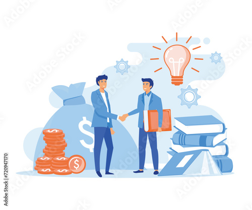 Investors put money in ideas. creative project financing. woman and man business handshake vector. flat vector modern illustration 