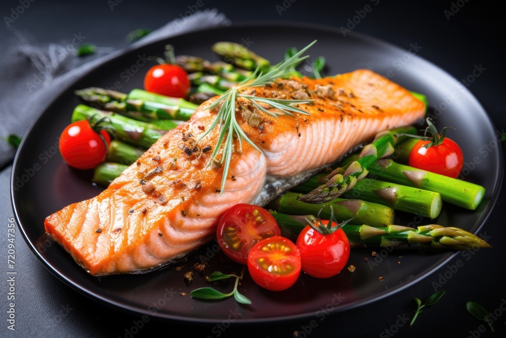 A plate filled with deliciously cooked salmon, fresh asparagus, and juicy tomatoes, creating a mouthwatering and nutritious meal.