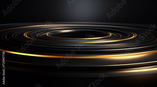 Abstract background. Black circle with golden lines. 3d render illustration Generative AI