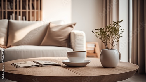close up of a cup of coffee on a wooden side table
