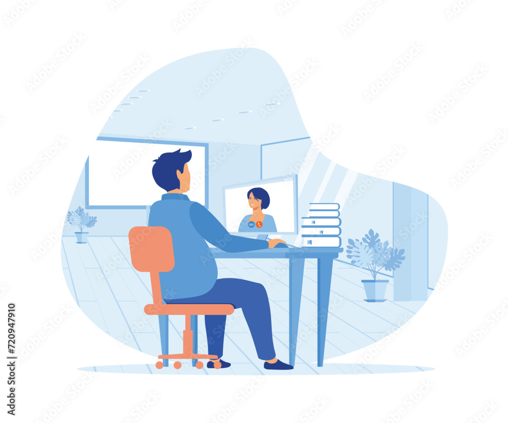 Online interview. Man talking to a young woman on a video call on his computer. flat vector modern illustration 