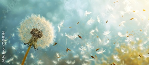 The wind will carry dandelion seeds with white tufts of hair. photo