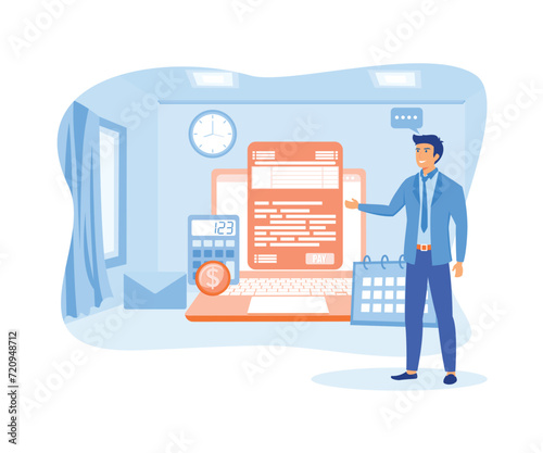Salary payment concept with laptop and paper wages invoice with empty space for text on the side. flat vector modern illustration 