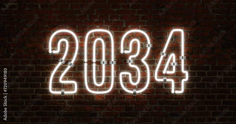3D 2034 Happy New Year Neon Light Flickering Animation Shining Over a Brick Wall Background 3D 2034 Happy New Year Neon Light Flickering Animation Shining Over a Brick Wall Background