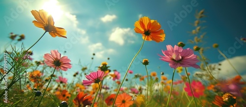 The colorful flowers bloom beautifully, under a green sky, with the sun shining.