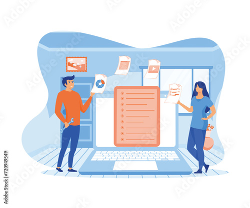 Man and woman analyzing document management soft. flat vector modern illustration 