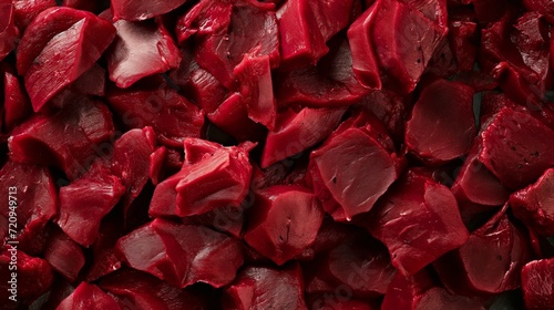 A close-up image of freshly cut raw beef cubes neatly arranged and presenting a rich red color.