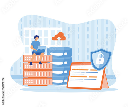 Hackers stealing personal data. Hacker, criminal with laptop stealing user personal data. flat vector modern illustration 