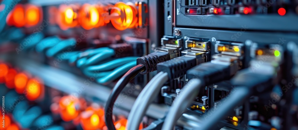 Operational equipment with cables in a data center rack. Operational equipment with cables in a data center rack.