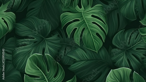 Seamless pattern with monstera leaves on dark green background. Generative AI