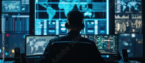 Dark place with multiple displays captures close-up of working hacker orchestrating advanced virus attack on corporate servers from the back.