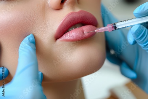 A cosmetologist in gloves giving a lip injection to a woman