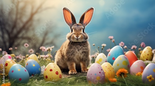 Happy bunny with many easter eggs on grass festive background for decorative design 