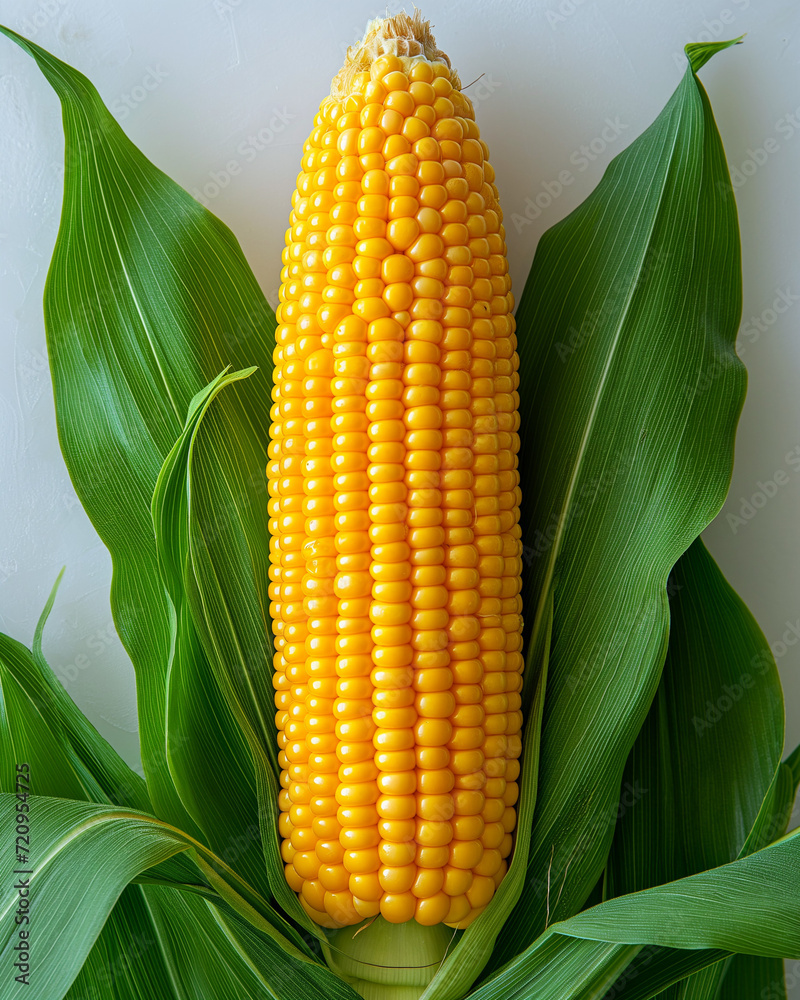 Obraz premium Golden yellow corn green husk, moisture beads, dark surface, natural, wholesome food photography..