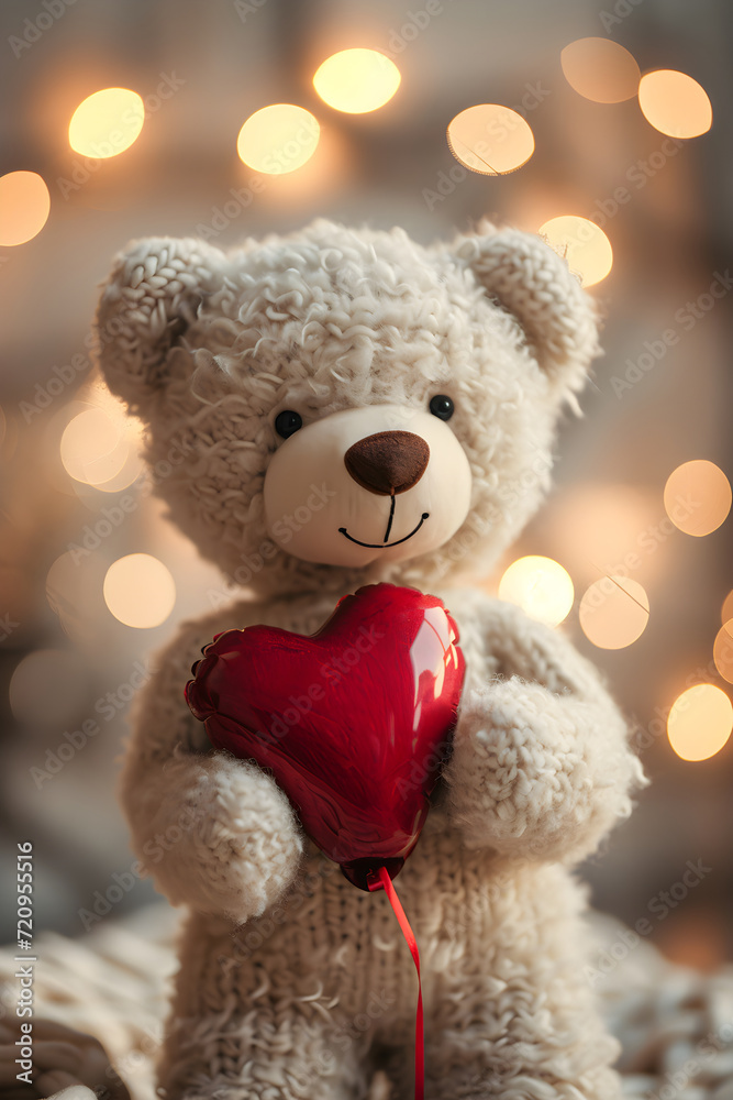 Teddy bear with a red heart shaped balloon on blurred background with golden lights. Cute bear toy holding heart. Valentine's day. Love and romantic concept Teddy bear with a red heart shaped balloon on blurred background with golden lights. Cute bear toy holding heart. Valentine's day. Love and romantic concept