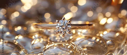 Dazzling Diamond Engagement Ring Shimmers Through Crystal Clear Glass, Celebrating Love with Bubbles of Champagne