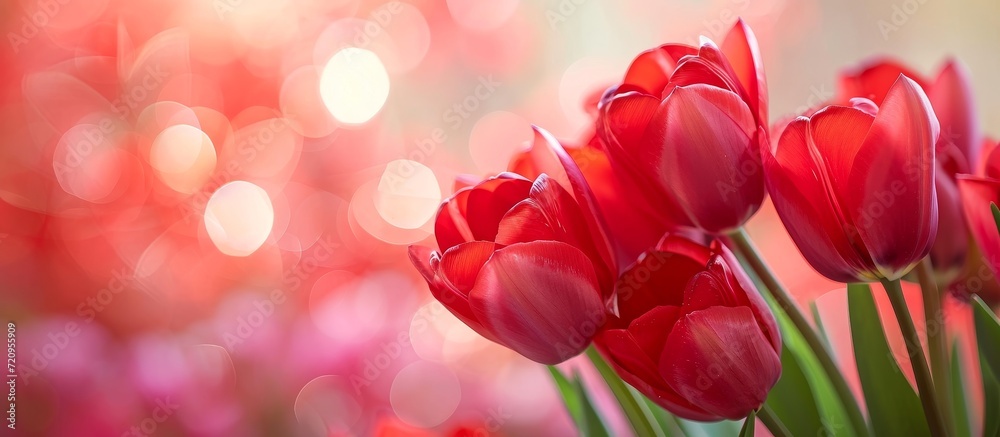 Obraz premium Vibrant Red Tulips on a Blurred Background: A Captivating Burst of Red in this Red Tulips Blurred Background Shot