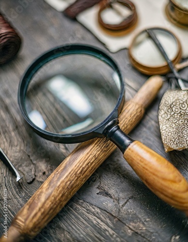 magnifying glass on wooden background