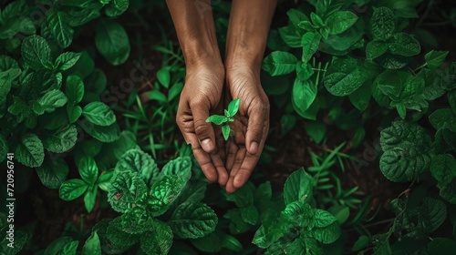 a poster with hands and planting, in the style of lush landscape backgrounds, the pictures generation, dark white and green, smilecore, innovative page design, naturalistic forms