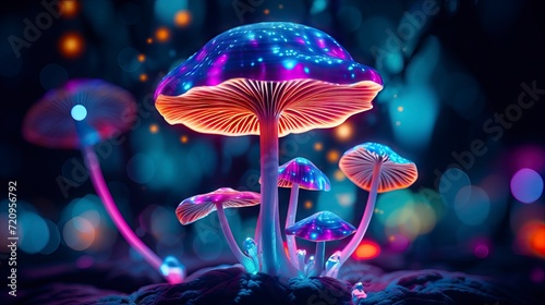 3D illustration of magic mushrooms in the forest with bokeh background Generative AI photo
