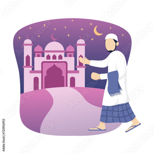 Illustration of people walking to the mosque to perform Ramadan prayers. Flat design with Mosque background at night.