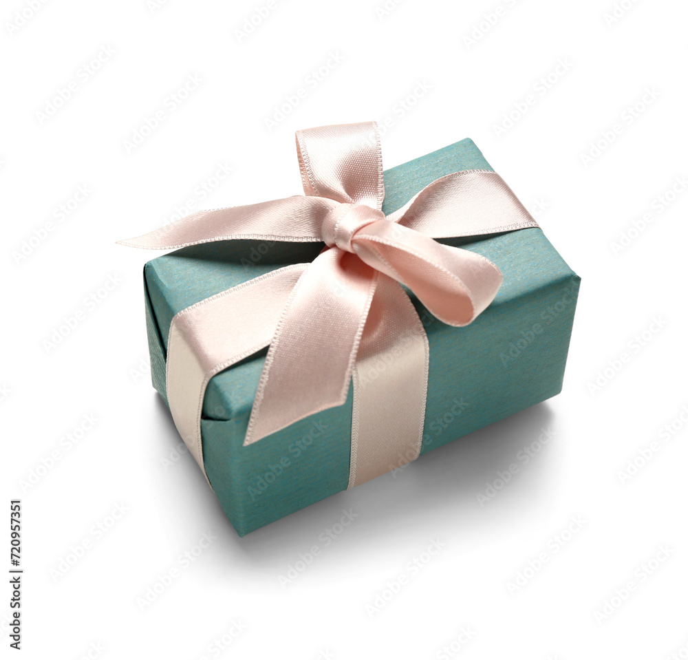 Blue gift box with pink bow on white background. International Women's Day Blue gift box with pink bow on white background. International Women's Day