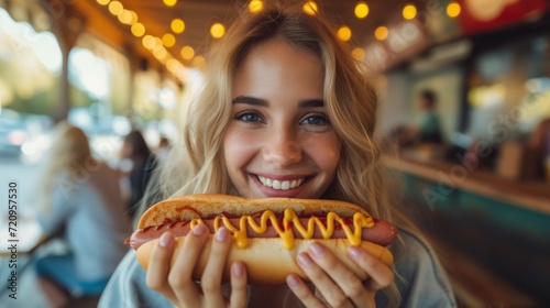Beautiful young woman having a hotdog