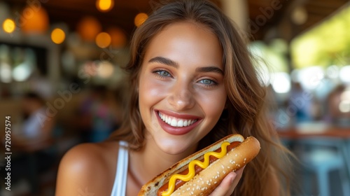 Beautiful young woman having a hotdog photo