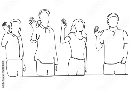 continuous line drawing of happy business team jumping joy