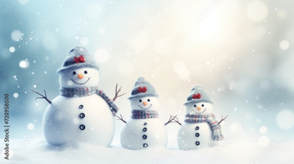Adorable Snowman Family Celebrating Holiday Seasons on Christmas Snowy Background AI Generated