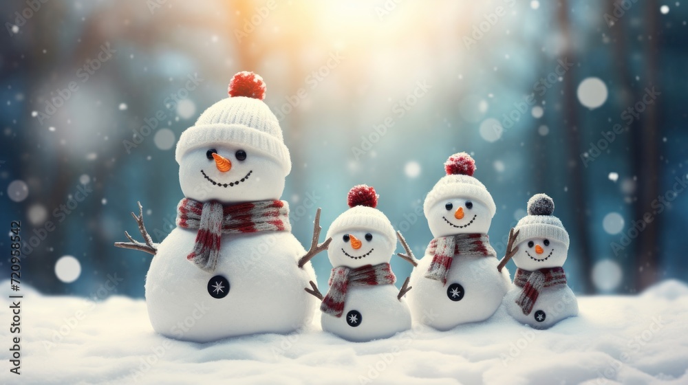 Adorable Snowman Family Celebrating Holiday Seasons on Christmas Snowy Background AI Generated