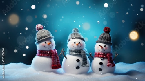 Adorable Snowman Family Celebrating Holiday Seasons on Christmas Snowy Background AI Generated © Alex